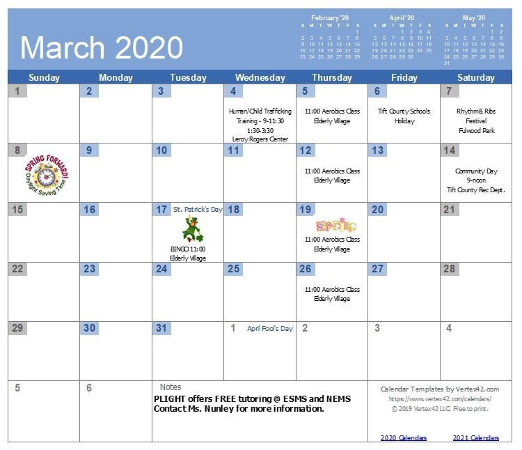 TIHAGA March 2020 Calendar - all information listed on the calendar page, see link below