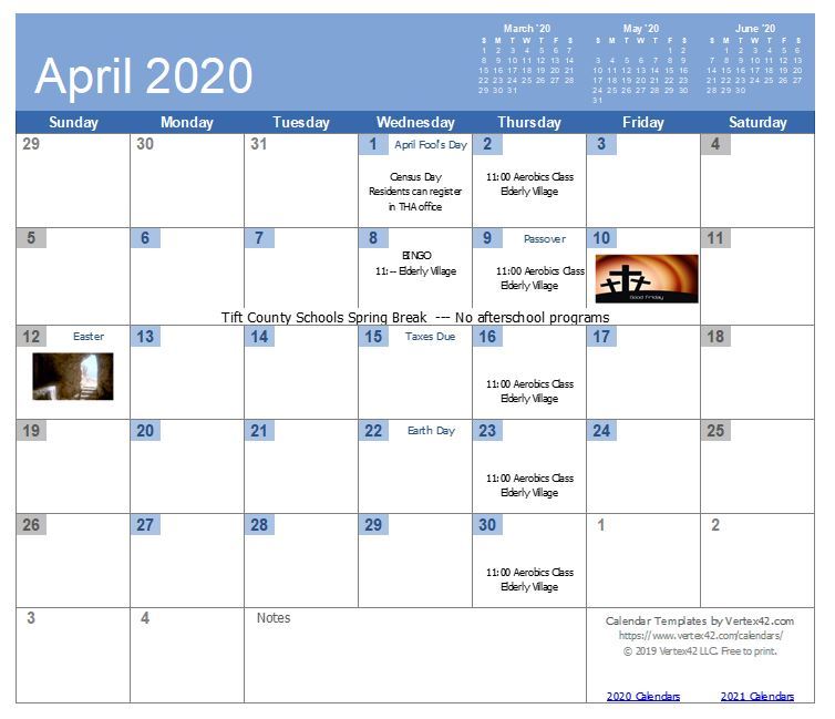 TIHAGA April 2020 Calendar - all information listed on the calendar page, see link below