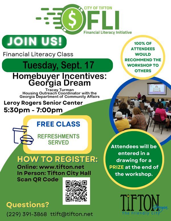 Tifton Financial Literacy Initiative flyer, the information on this flyer is in the text above. 